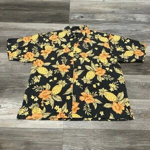 Vintage Tommy Bahama Black Mens XL Pineapple‎ Floral AOP Silk Hawaiian Button-Up